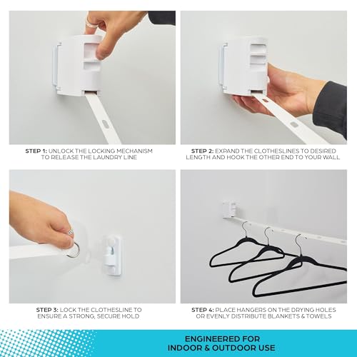 Tazweeq Retractable Clothesline, Indoor Outdoor Clothes Line, Heavy Duty Clothes Drying Laundry Line, Wall Mounted Clothes Drying Rack Clothing | Retracting 34 Windproof Hanging Holes Laundry Drying