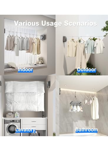 KASTWAVE Heavy Duty Retractable Clothesline - 15.1 Feet Wall Mounted Indoor/Outdoor Laundry Line, Non-Sagging Stainless Steel Drying Solution (Grey)