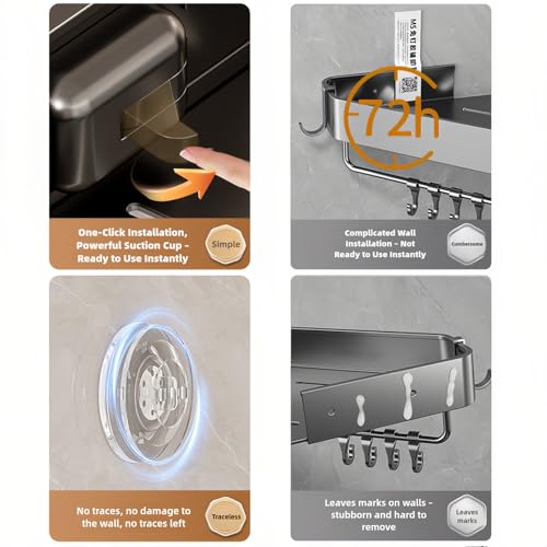 Bathroom Shelf Stainless Steel Shower Caddy Organizer Suction Cup Rustproof Aluminum No Drilling Wall Mounted Storage Rack for Bathroom Shower & Kitchen