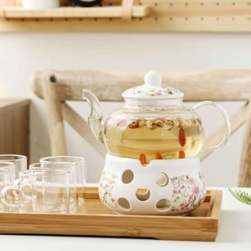 Lomeshow Chinese Flower Ceramic Teapot and Heater, ceramic arabic teapot, Ceramic Teapot with Infuser, Glass Tea Set, Tea Warmer Stand(Without Candle)-a-Base&teapot