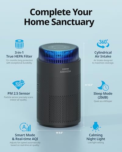 COWAY Air Purifier for Bedroom Home Up to 810 Ft, True HEPA Filter for Smoke, Allergies, Pet Dander Oder, AQI, Auto & Sleep Mode, Timer, Filter Indicator, Night Light, 3yr Warranty, Airmega 100, BLACK