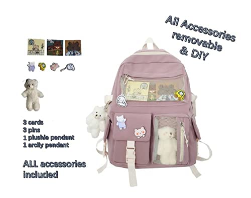 Student Kawaii Backpacks For Teen Girls, Fashion Cute Bookbag, Kawaii Backpack with Kawaii Pin and Accessories, Cute Kawaii Backpack for School (1Bear pendant 3 badges 2 drawing paper)