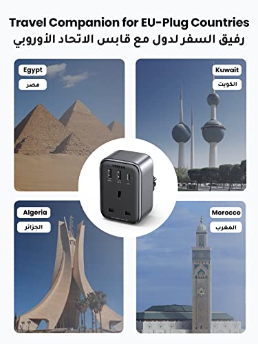 UGREEN 4-in-1 Travel Charger Adapter 30W Accepts Devices with UAE/KSA/UK Plugs for Use in Type C Sockets in European Plug Travel Converter Charger with 3 USB Ports, Type G 3 Pin to Euro C Plug