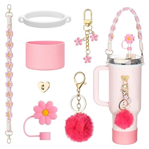 Hahamiya Stanley Cup Accessories Set of 7 - Silicone Boot, Water Bottle Handle Strap, Straw Cover, Charms for 40/30 oz Tumbler - Pink