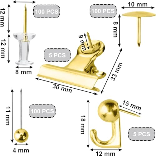 ZELLYA 310 Pcs Push Pins Set, Thumb Tacks Decorative Push Pins Map Head Pin for Cork Board with Push Pin Hook Pushpin Clip, 5 Style Office Accessories for Cork Board Map Office (Gold)