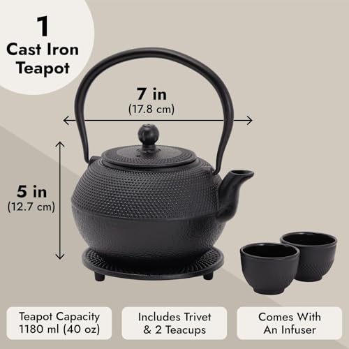 THE WHITE SHOP Cast Iron Teapot, Japanese Tetsubin Kettle Set with 2 Cups, Tea Infuser (1200 ml, Black)