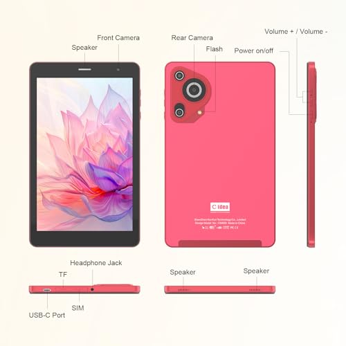 C idea 8 inch Tablet, Android 13.0 Tablet with SIM Card Slot Wifi/5G LTE 8GB RAM,512GB ROM Storage Dual 5MP Camera HD IPS Display, CM828 (Red)