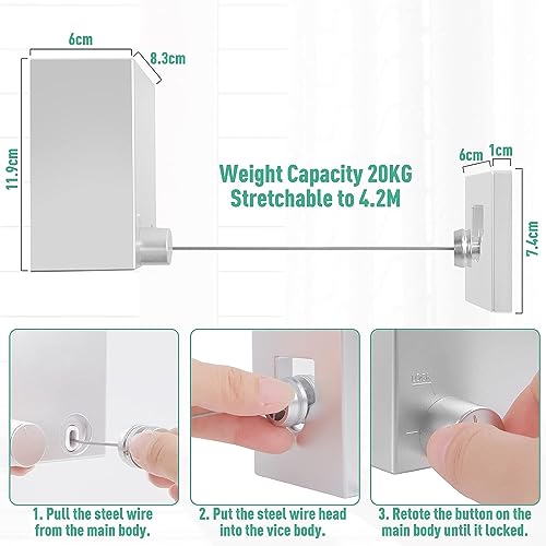 APAP Retractable Clotheslineï¼4.2m Wall Mounted Clothes Drying Line, 304 Stainless Steel Clothes Lineï¼Heavy Duty Stainless Steel Extendable Laundry Line for Indoor Outdoor Bathroom Balcony (White)