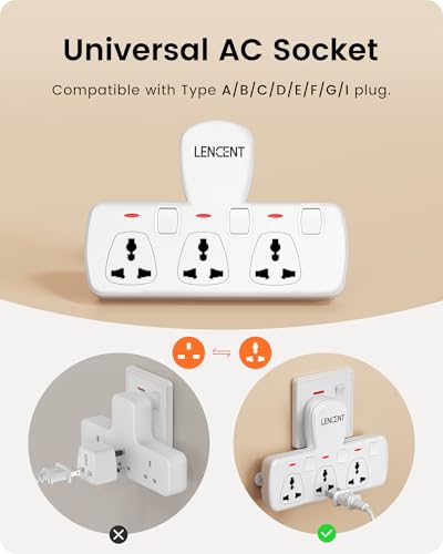 LENCENT Multi Plug Extension Socket, 3 Way Electrical Outlet Extender, Wall Charger, Universal Plug Adapter, Charging Station for Home, Office, Kitchen, Individually Switched