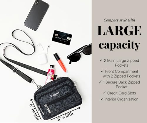 Baggallini Women's Triple Zip Small Convertible Crossbody Fannypack Belt Bag-Lightweight Water-Resistant