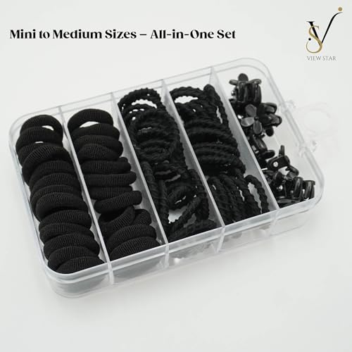 Viewstar 74 PCS Black Hair Ties Set - Durable Elastic Rubber Bands & Mini Claw Clips for Women & Girls ??No Damage, Strong Hold, Travel-Friendly Storage Box