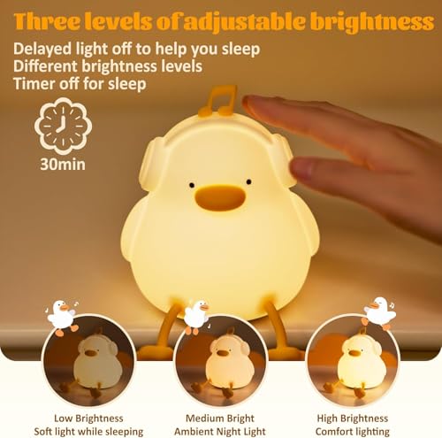 BORTONY Duck Night Light for Kids, Soft Silicone Cute LED Squishy Lamp, Phone Holder Nursery Nightlight Lantern Touch Control Dimming, Rechargeable Bedside Touch Lamp Gifts for Boys & Girls (Duck)