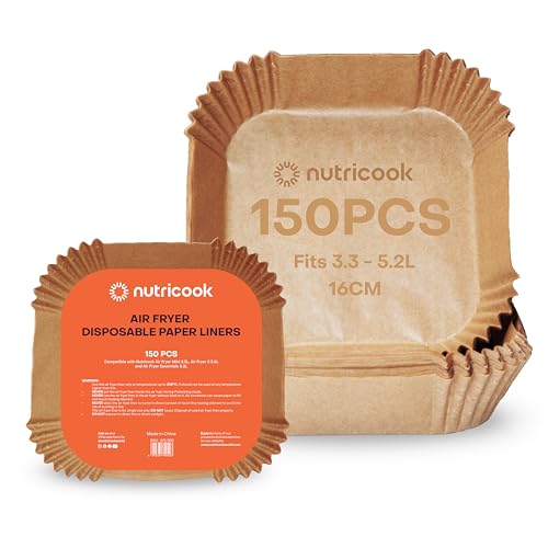 Nutricook 150 Pieces Disposable Air Fryer Liner, Water/oil proof for Baking, Roasting, and Air Frying Fits any brand from 3.3L to 5.2L Air fryers,16cm Square, NC-AFL100