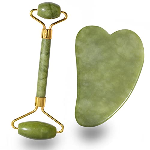 REVHQ Jade Roller for Face and Gua Sha Set Face Roller Natural Jade Stone for Anti Aging,Eye Puffiness Wrinkles,Skincare Massage Tools for Face Eyes