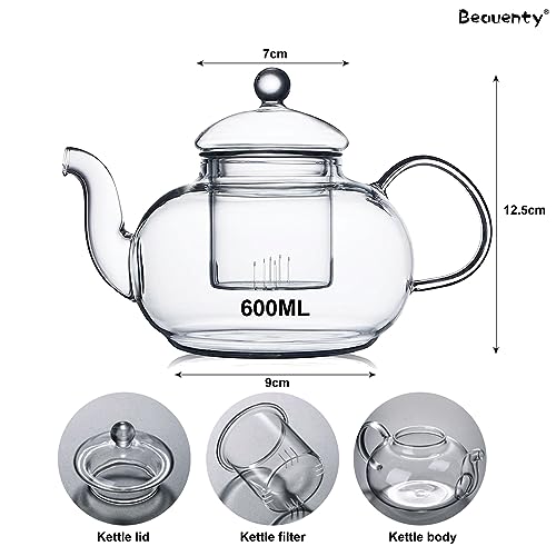 Beauenty 600ML Borosilicate Glass Teapot with Removable Loose Tea Infuser,Tea Pot with Dustproof Lid for Tea and Coffee Maker (600ML)