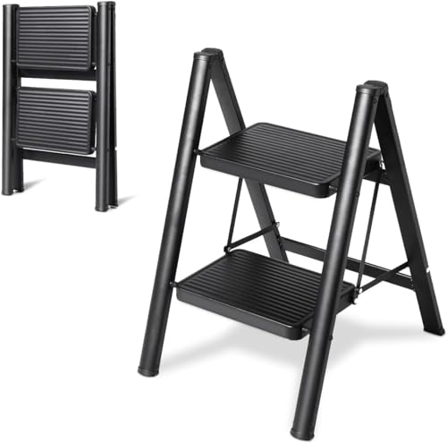 MOMENT 2 Step Ladder Folding Step Stool, Heavy Duty 330 Lbs Load Stepladder, Small Kitchen/Closet Ladder for Adults/Kids, Lightweight Step Ladder with Anti-Slip Wide Pedal for Home, Black