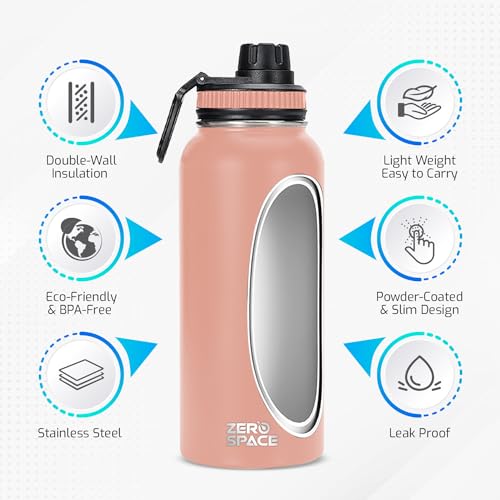 ZeroSpace Stainless Steel Water Bottle 1L, 32oz Double Wall Vacuum Insulated Water Bottle, Hot & Cold Thermos Flask with Spout Lid, BPA-Free Water Bottles for Gym, Travel, Office and Kids (Pink)