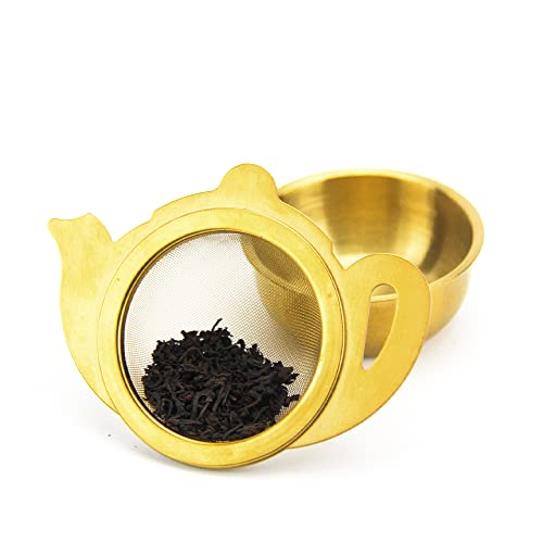 Tealand Durable Stainless Steel Fine Mesh Gold Infuser with Tray Perfect Size Suitable To Any Teapot Mugs Cups To Steep Green Black Herbal Oolong Loose Leaf Tea 10x7.3cm