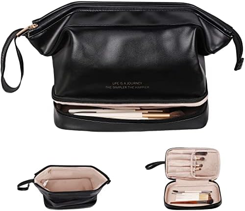 NAWOKEENY® Double Layer Cosmetic Bag - Large Capacity Portable Toiletry Bag for Travel, Makeup Organizer, PU Leather, Waterproof (Black)