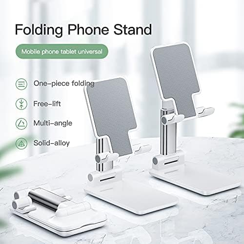 Adjustable Cell Phone Stand, Foldable Portable Phone Stand Phone Holder for Desk, Desktop Tablet Stand Compatible with Smartphone, iPad, and tablets (White) - White