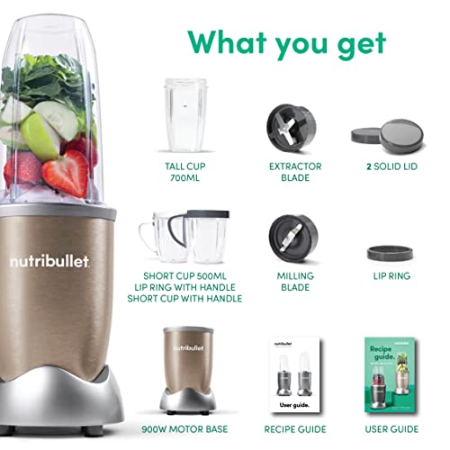 NutriBullet 900 Watts, 9 Piece Set, Multi-Function High Speed Blender, Mixer System with Nutrient Extractor, Smoothie Maker, Copper Gold , NB-201 , "1 year Warranty"