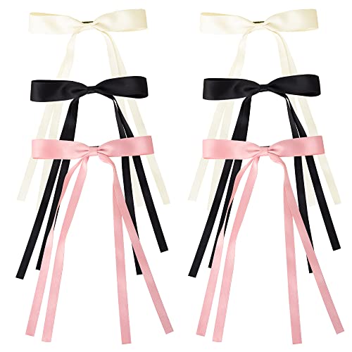Bmobuo Hair Ribbon 6PCS, Satin Coquette Aesthetic Ponytail Holders - Women's Hair Bows, Alligator Clips and Barrettes in White, Black, Pink
