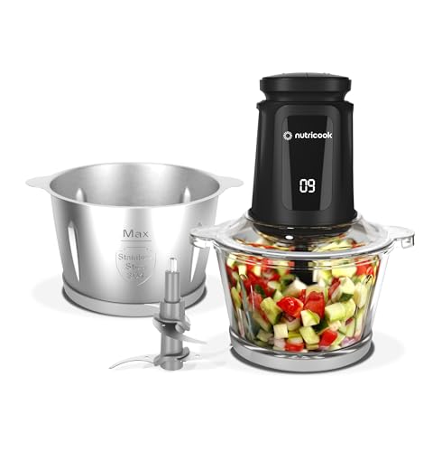 Nutricook 2+2 L XXXL Glass & SS Chopper and Mincer,500W - Pulse & 2 speeds, 2-Removable 4 SS -Blade for Chopping, Ice Crushing, Meat Mincing, Grinding, Pureeing & more - BLk, 2 Yr Warranty,NC-CH2000