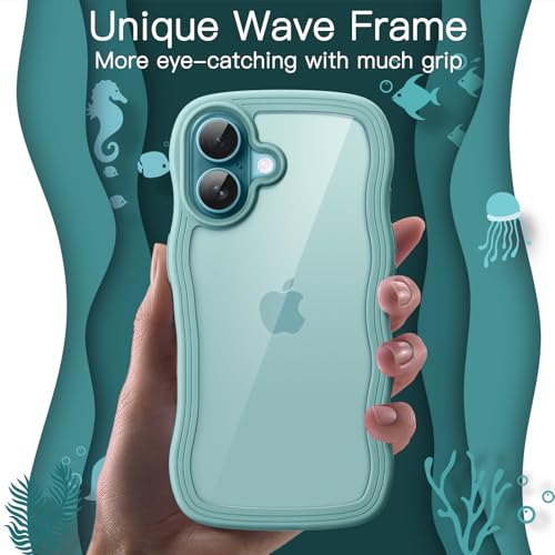 JETech Wavy Case for iPhone 16 6.1-Inch, Cute Wave Frame Curly Shape Shockproof Phone Cover for Women and Girls, Clear Hard PC Back (Teal)