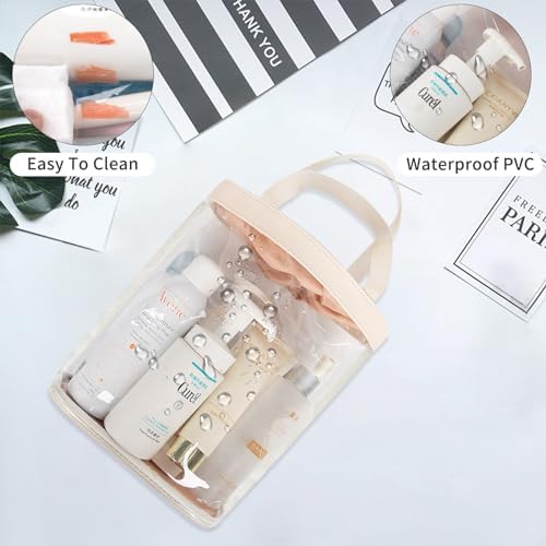 onemoky Travel Toiletry Bag, Clear Makeup Bag for Women, TSA Approved Toiletry Bag, Waterproof Clear Bag Cosmetic Pouch, Transparent Makeup Organizer, Carry on Airport Airline Compliant, Beige