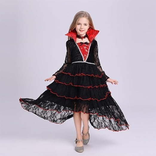 Witch Costume for Girls, Halloween Kids Witches Costume with Necklace, Halloween Vampire Cosplay Outfit, Middle Ages Gothic Style Black Dress up