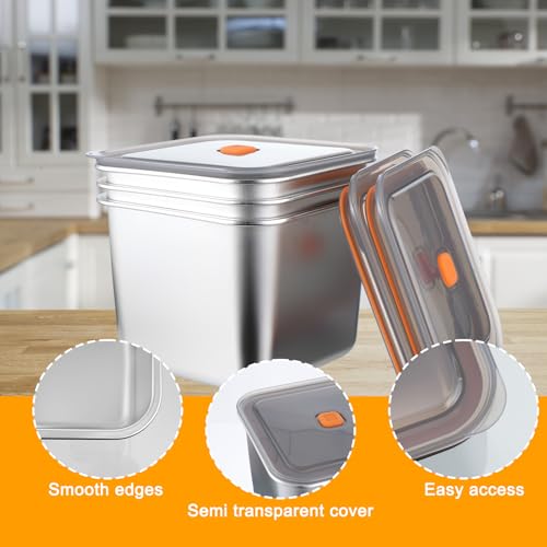 Wensdr 3 Packs Large 6.3Inches Square Stainless Steel Pizza Dough Proofing Containers with Lids,Food Storage Box with Sealing Cover 6.3x6.3x4.72(2500ML