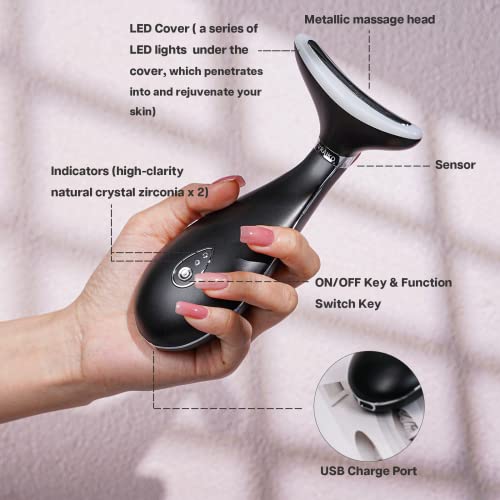 VRAIKO LILY Neck Face Massager, Face Sculpting tool, Skin Rejuvenation Device with Thermal, Triple Action LED and Vibration, for Anti-aging, Lifting and Tightening Sagging Skin (Frosted Black)