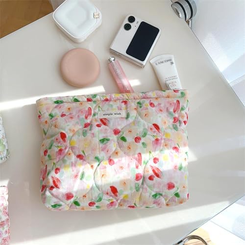 Azonee 2 Pcs Floral Makeup Bag Large Travel, Cotton Quilted Cosmetic Makeup Bag Organizer, Cute Coquette Aesthetic Zipper Portable Pouch Purse Toiletry Bag for Skincare Cosmetics (Pink Floral flowers)