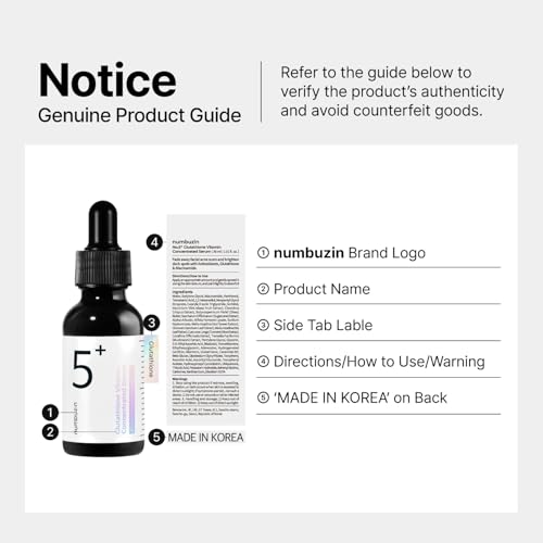 numbuzin No.5 Serum | Glutathione Vitamin Concentrated Serum | Glutathione, Vitamin C, Tranexamic Acid | Hyperpigmentation, Acne Scars | Suitable for Sensitive Skin, Korean Skincare | 1.01 fl. oz.
