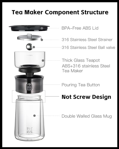 ZENS Modern Glass Tea Infuser Teapot, Smart One Touch Tea Maker for Loose Tea Diffusers with Insulated Mug and Portable Tea Kits, Cool Gongfu Tea Pot for Black Tea Lover Gifts