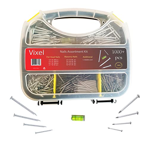 VIXEL 1000+ pcs of Flat Head and Masonry Concrete Nails Assortment Kit with Level Gauge included