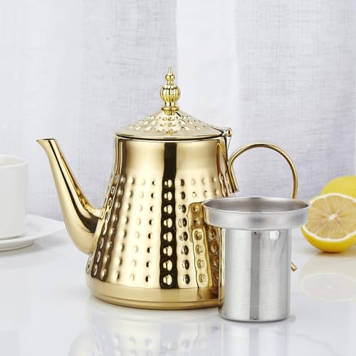 SANQIAHOME 1.2L(40oz) Stainless Steel Hammer Patterned Teapot With Removeable Infuser,Loose leaf cover,Gold