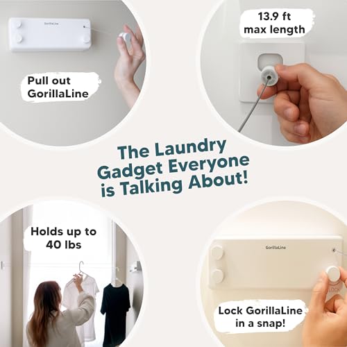 GorillaLine - Retractable Clothesline | Premium Heavy Duty Clothes Drying Laundry Line | Wall Mounted Stainless Steel Laundry Line | Retracting Hanging Clothing Drying Rack