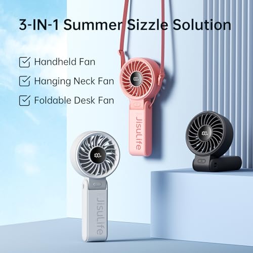 JISULIFE Handheld Fan Life7,2024 Powerful Portable Fan with LED Display,3600mAh,150°Folded,5 Speeds,Lanyard[13Hrs Max Cooling]3-IN-1 Hand/Desk/Neck Fan,Summer Essentials for Travel,Concert,Lash(Grey)