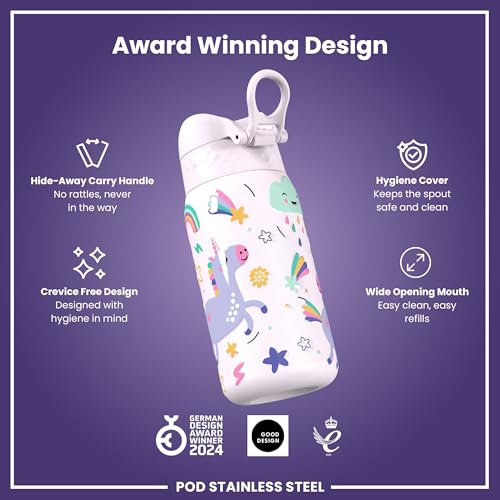 Ion8 Lightweight Steel Kids Water Bottle, 400ml/13oz, Non-Insulated, Leak Proof, Easy to Open, Secure Lock, Dishwasher Safe, Fits Cup Holders, Carry Handle, Metal Water Bottle, Pink, Unicorns