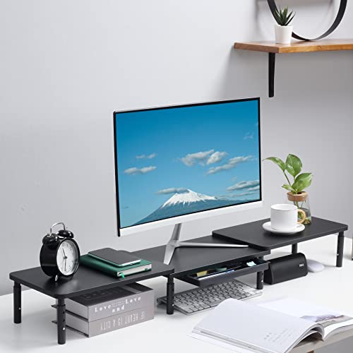 ETHU Dual Monitor Stand ,Double Monitor Riser for PC,Computer, Laptop and Printer,3 Adjustable Shelf Length and Angle Desktop Stand Organizer with Phone Holder and Drawer,Office Accessories Black