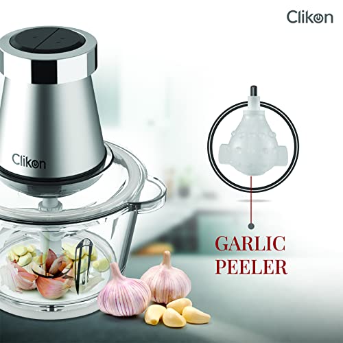 Clikon 2 Litre Electric Food Chopper/Meat Processor with Garlic Skin Peeler Attachment, 2 Speed Setting, Detachable Stainless Steel Quad Blades, 350 Watts, 2 Year Warranty, Silver