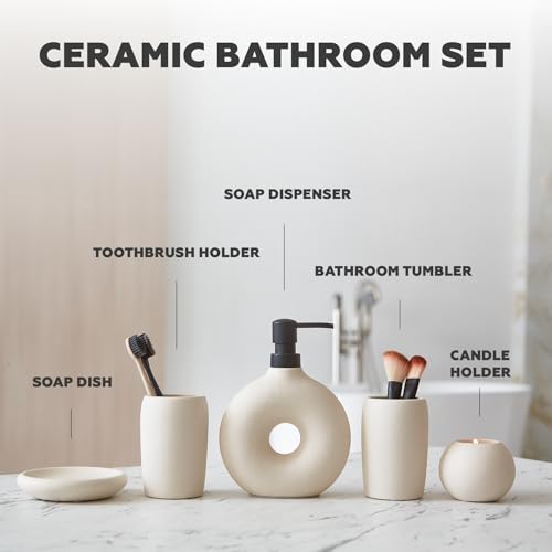 Terramoza Ceramic Bathroom Accessory Set, 5 Pcs - Includes Soap Dispenser, Toothbrush Cup, Toothbrush Holder, Soap Dish & Candle Holder - Beige, Matte Glaze - Aesthetic Bathroom Decor