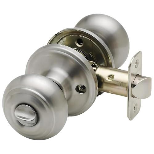 Copper Creek Satin Stainless Door Knobs - Round Colonial Knob with Privacy Locking Function for Home Improvement, 1 Pack - Fits All Standard Doors - Locking Door Knob for Bedroom and Bathroom Use