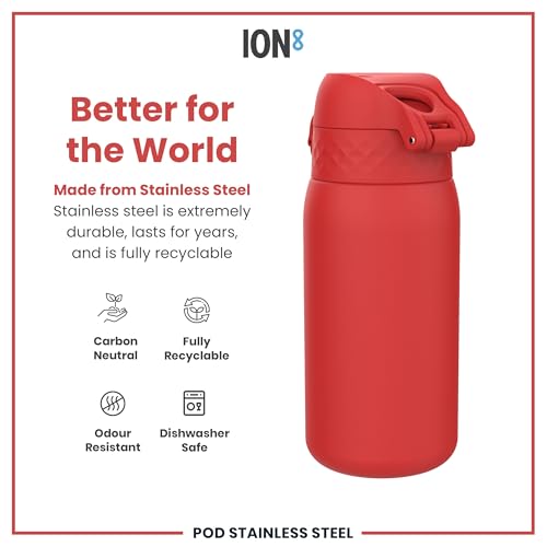 Ion8 Kids Water Bottle, Steel 400 ml/13 oz, Leak Proof, Easy to Open, Secure Lock, Dishwasher Safe, Flip Cover, Carry Handle, Easy Clean, Durable, Metal Water Bottle, Carbon Neutral, Red