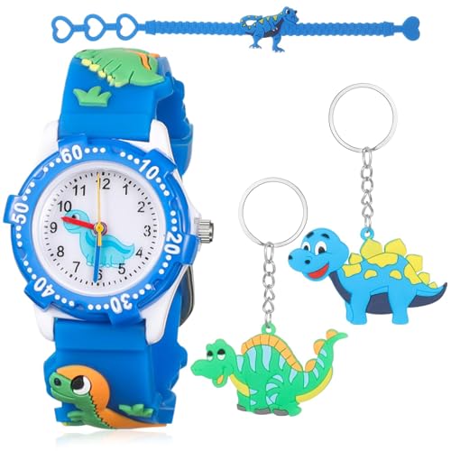NAWOKEENY 4Pack Dinosaur Watch Set, Including Dinosaur Boys Watch Dinosaur Keyring Keychains Dinosaur Bracelets Party Bag Fillers for Kids Dinosaur Gifts for Birthday Party Gift Supplies