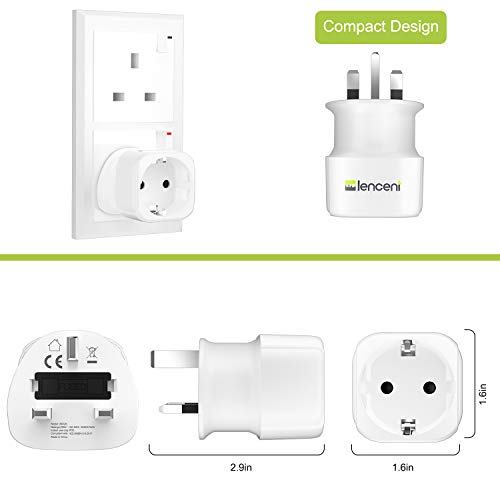 LENCENT 2Pcs EU to UK Plug Adapter, Europe Schuko 2 Pin to 3 Pin UK Travel Adaptor, European Euro to British Adapter- White