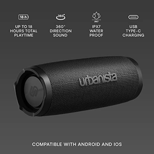 Urbanista Nashville Wireless Bluetooth Speaker, Portable Speaker Waterproof IPX7 Rating, 18H Playtime, Button Controls, Bluetooth 5.2 Dual Pairing, Loud Speaker Stereo Sound, Outdoor Speakers, Black