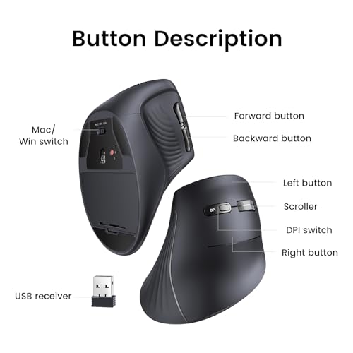 UGREEN Ergonomic Mouse, Vertical Wireless Mouse, 2.4GHz Optical Bluetooth Mice, 4 Adjustable DPI 1000/1600/2000/4000 Levels, 5 Buttons Mice for Laptop, PC, Chromebook, Desktop, Notebook etc, Black