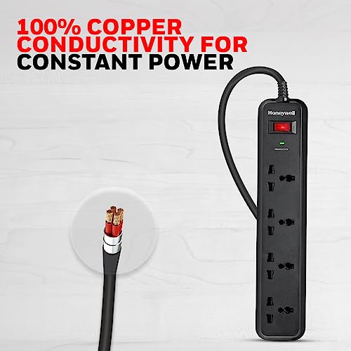 Honeywell Surge Protector, 4 Universal Sockets, 2 Meter Cord, 15000Amp, Device Secure Warranty, Automatic Overload Protection, Spike Guard/Extension Board, Master Switch, 3Year Manufacturer Warranty